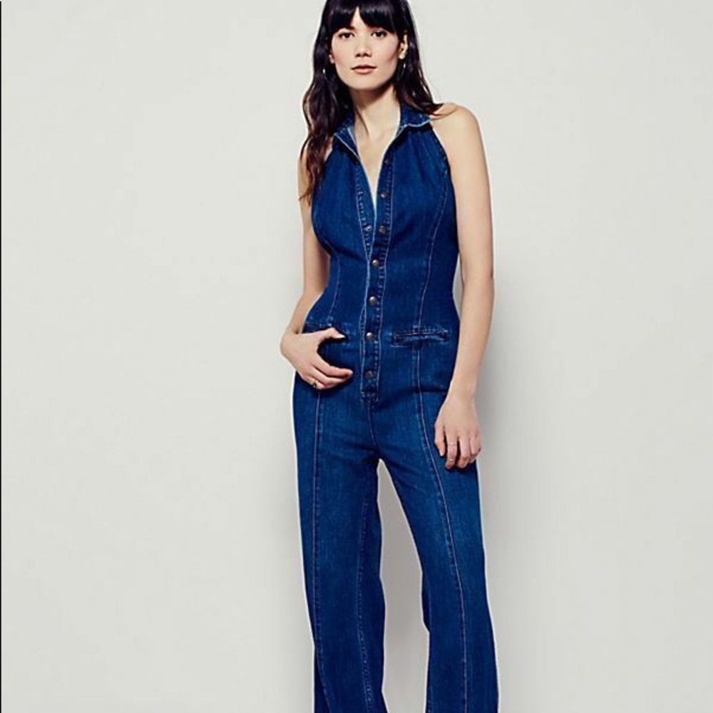 Free People Denim Halter Neko Jumpsuit